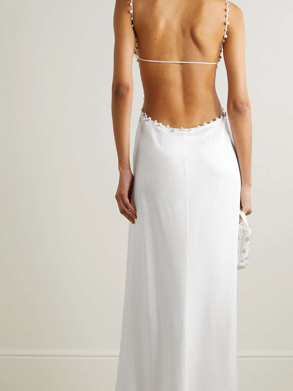cove open-back pearl-embellished satin maxi dress