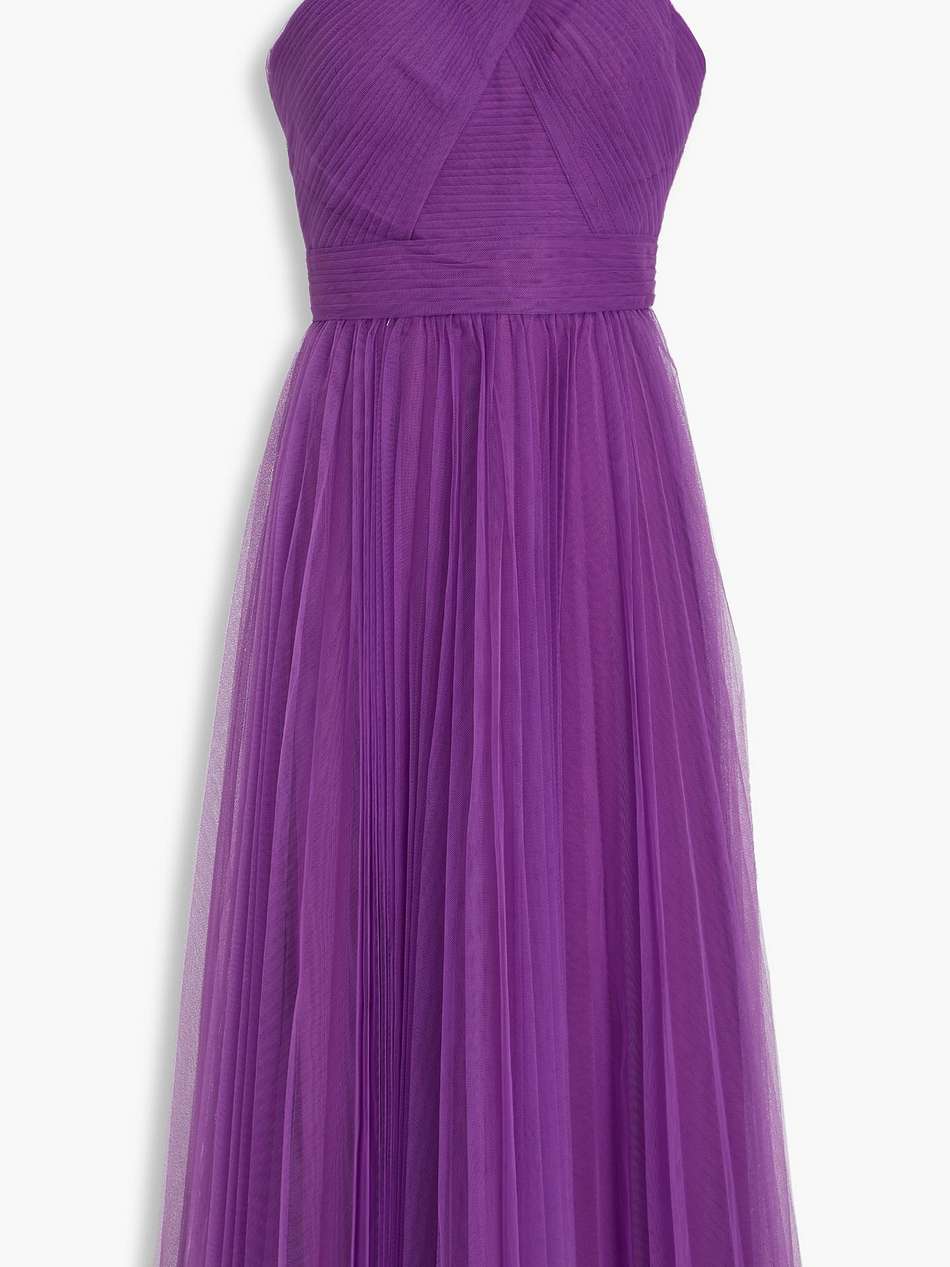 one-shoulder pleated tulle midi dress