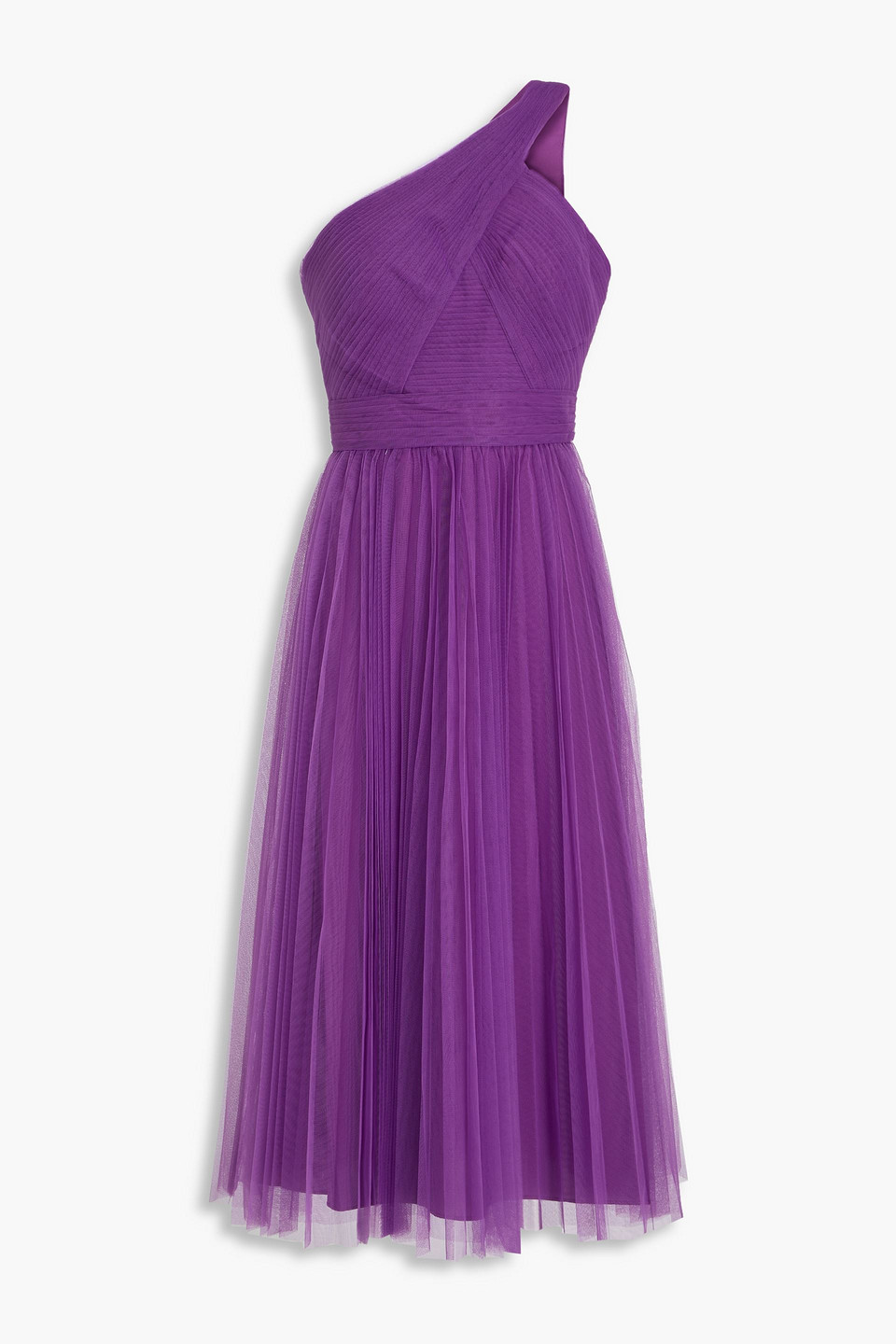 Zac Posen One-shoulder Pleated Tulle Midi Dress In Violet
