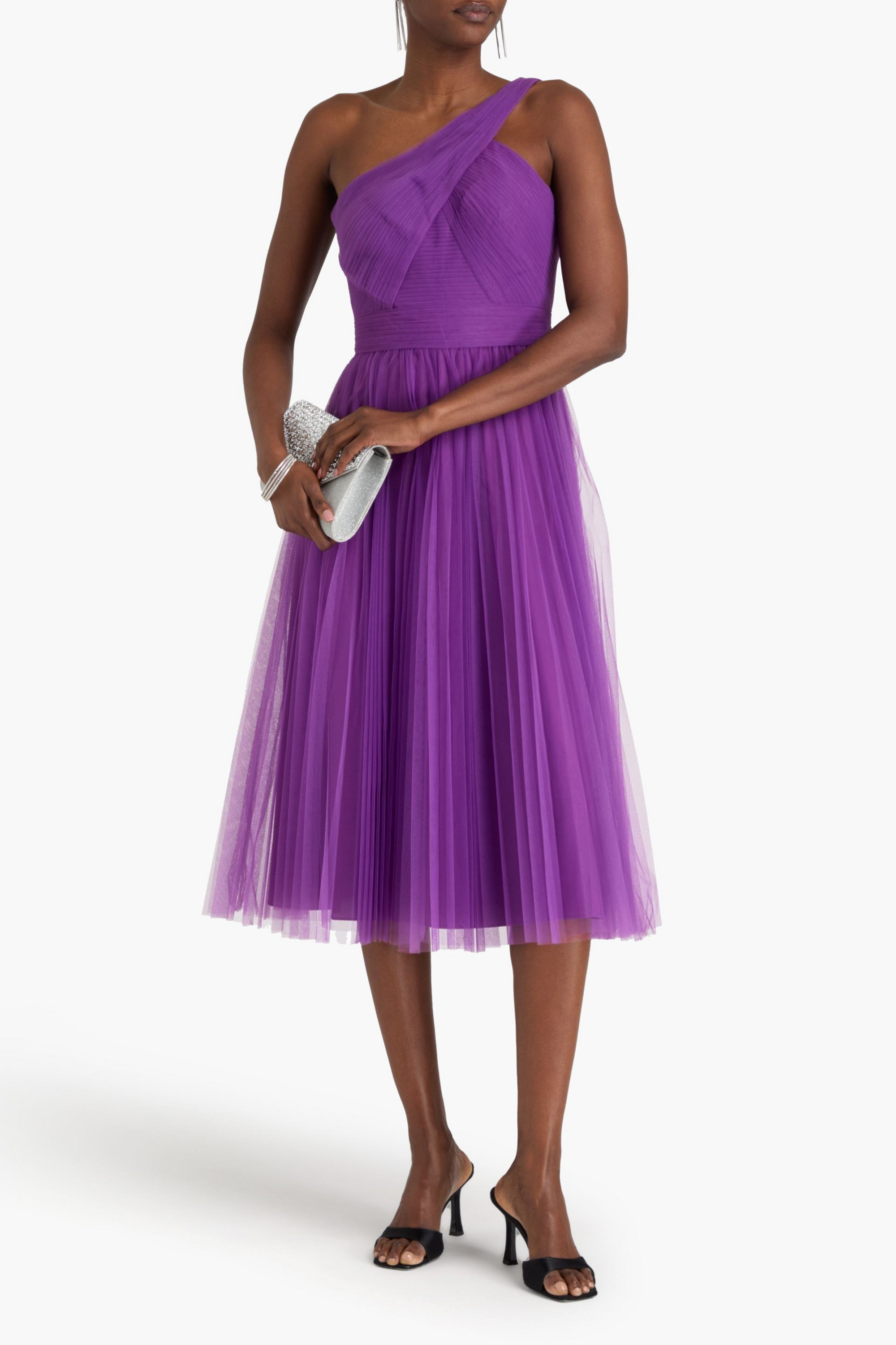 ZAC POSEN One-shoulder pleated tulle midi dress