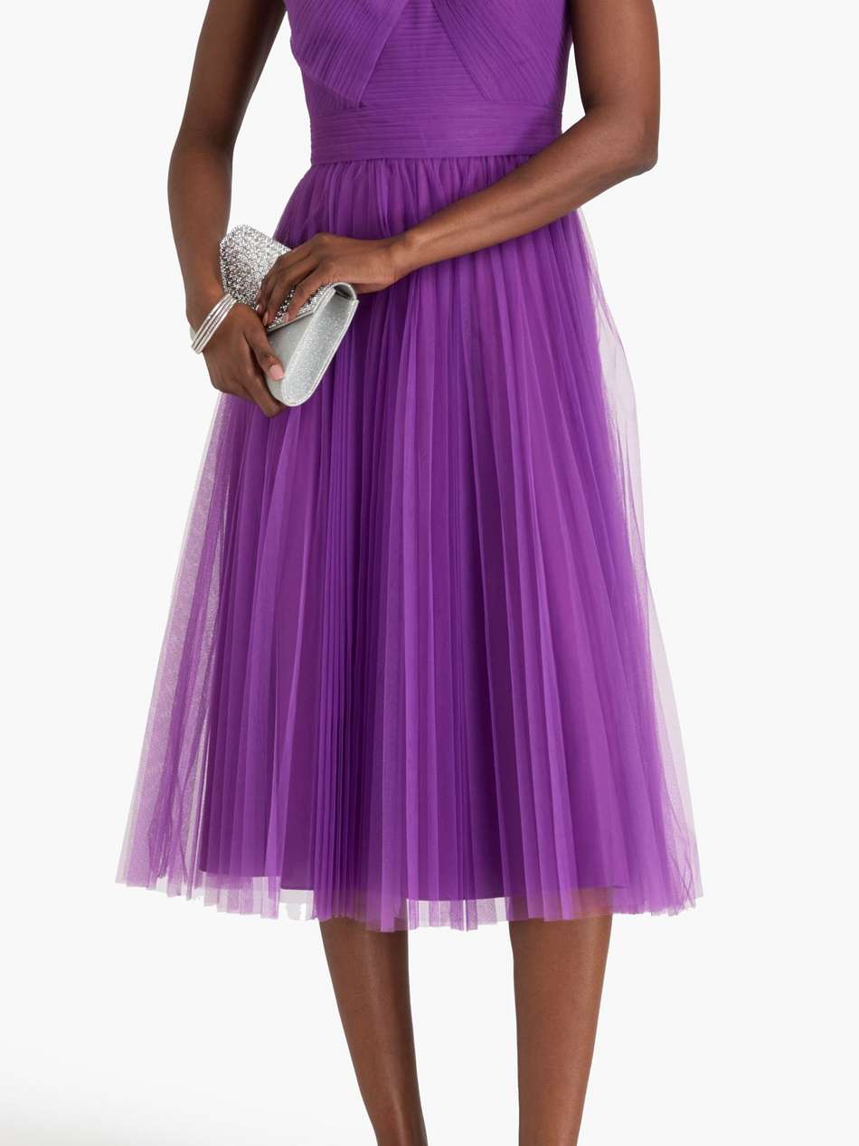 one-shoulder pleated tulle midi dress