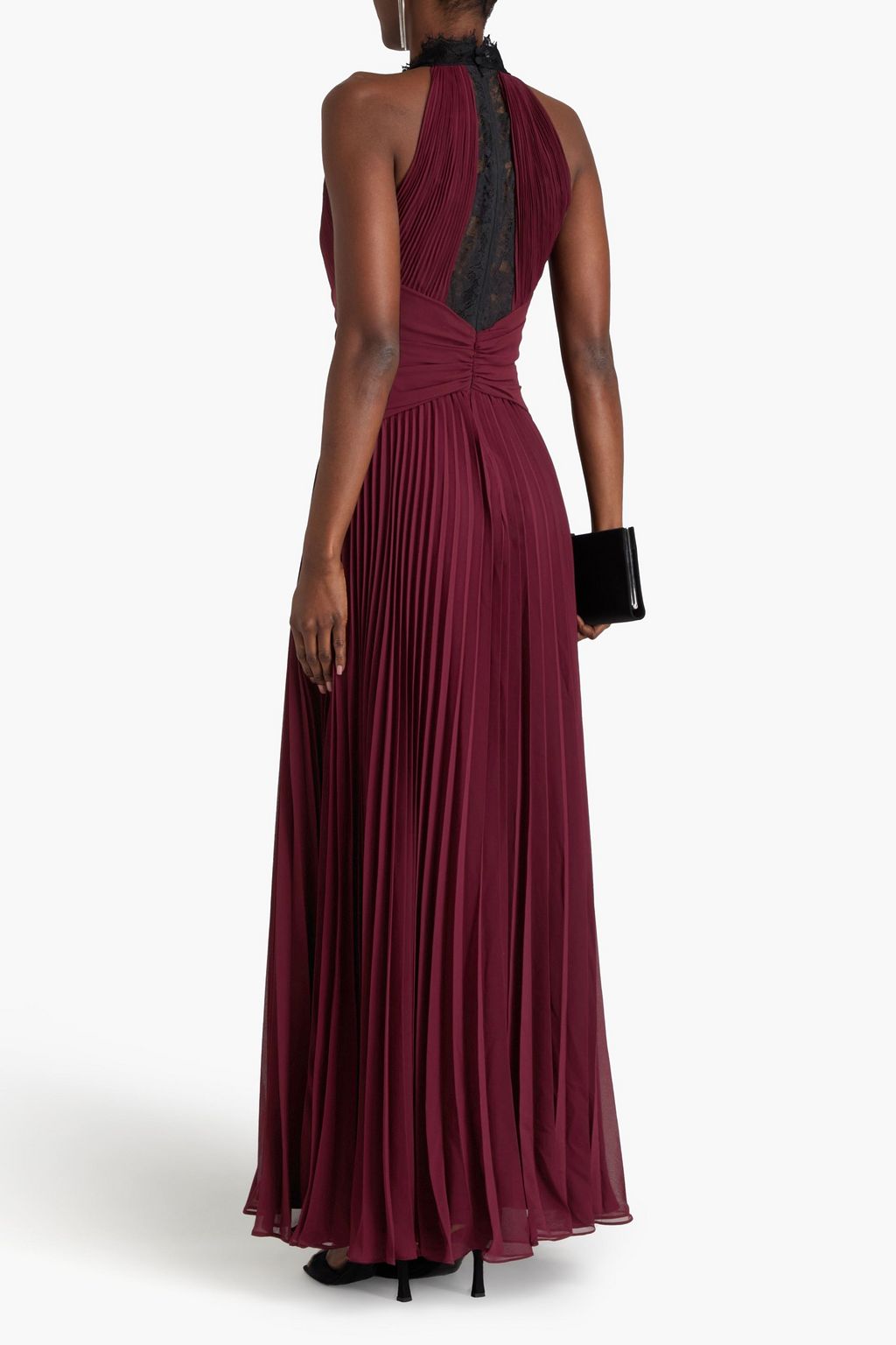 ZAC POSEN Lace-trimmed pleated chiffon gown