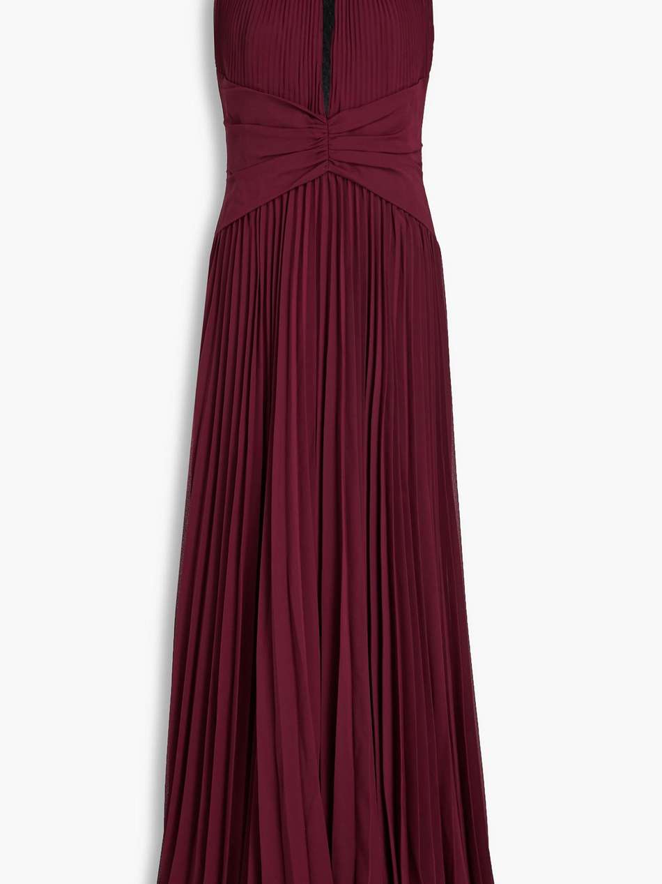 lace-trimmed pleated chiffon gown