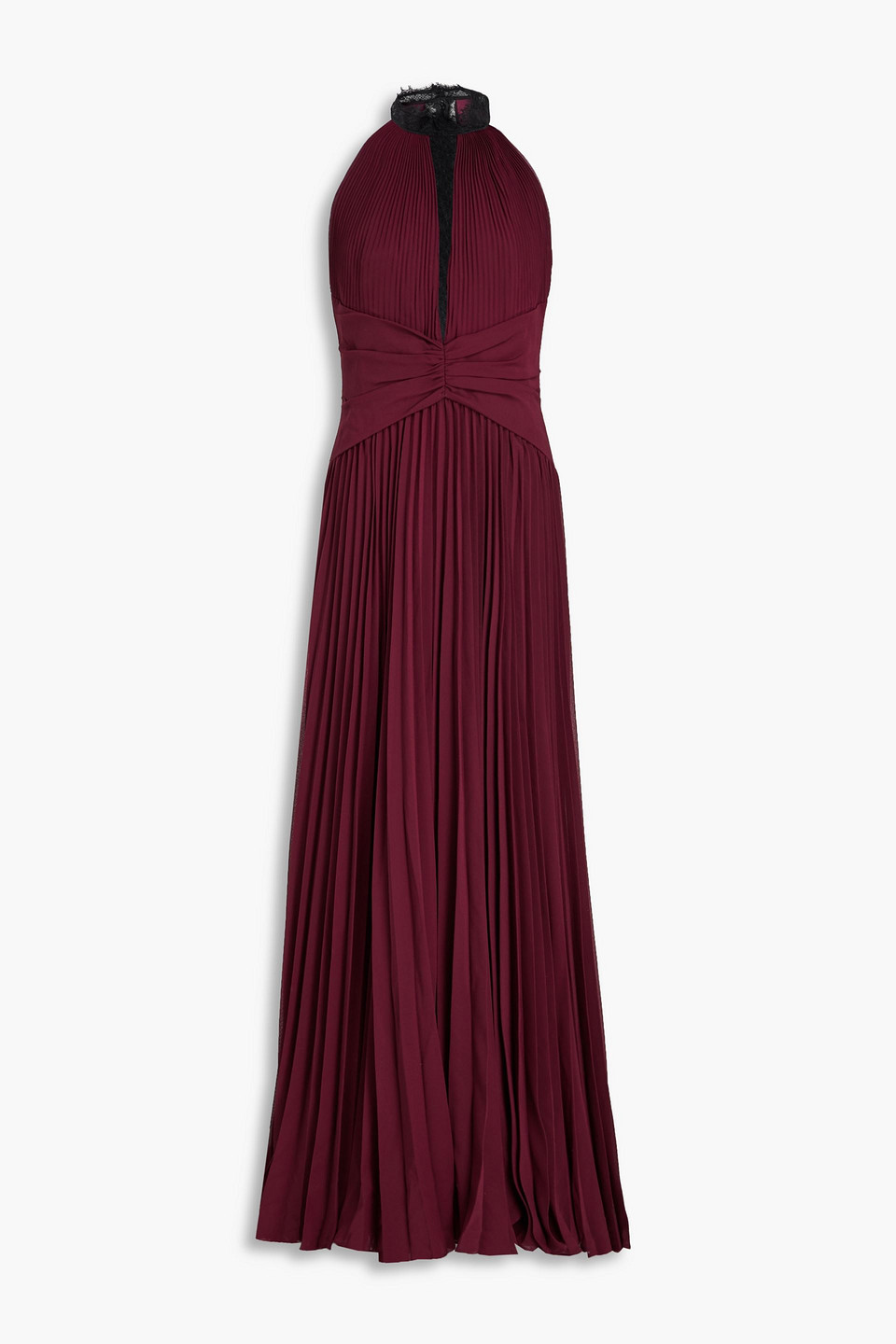 Zac Posen Pleated Lace-inset Halter Gown In Burgundy
