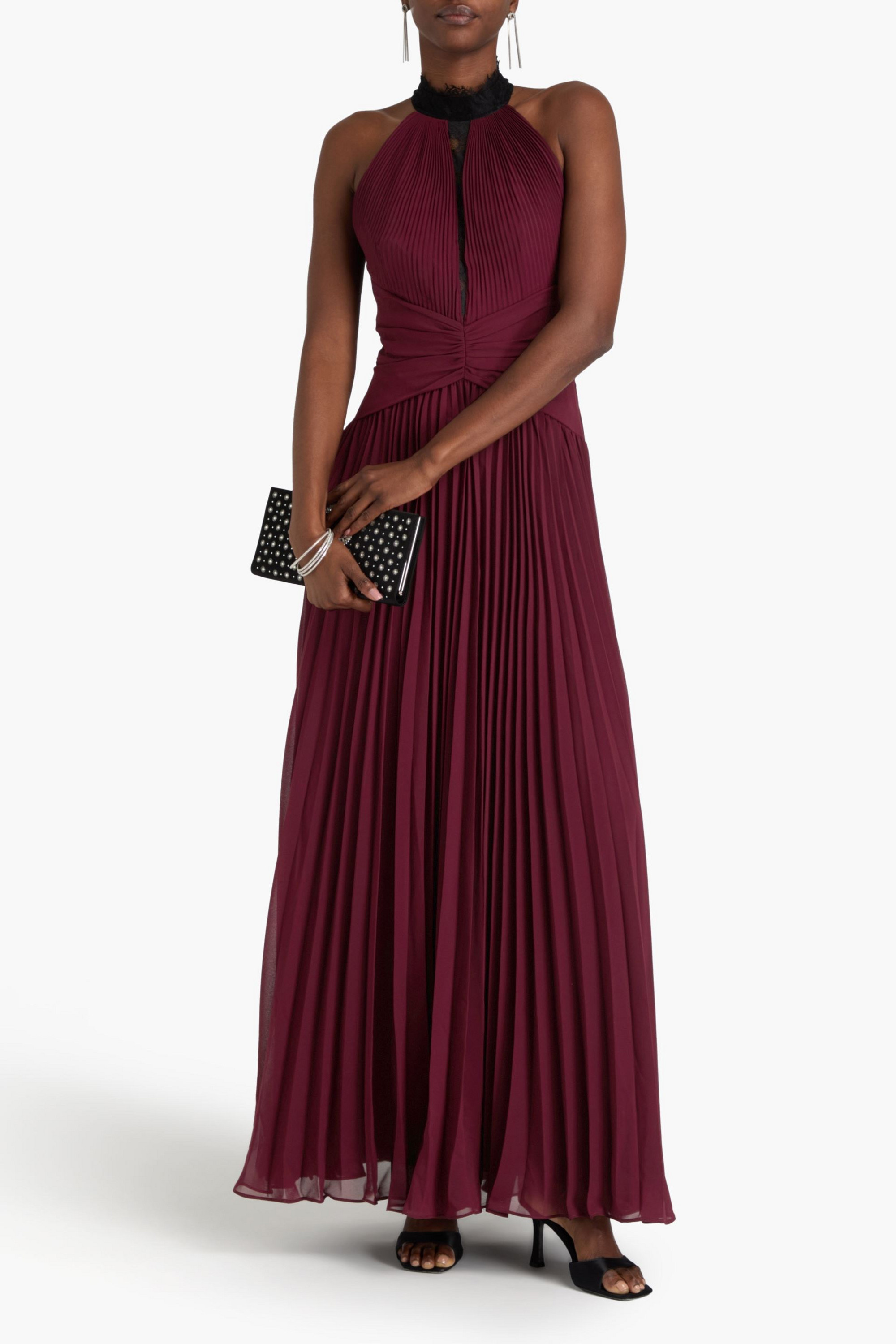 ZAC POSEN Lace-trimmed pleated chiffon gown