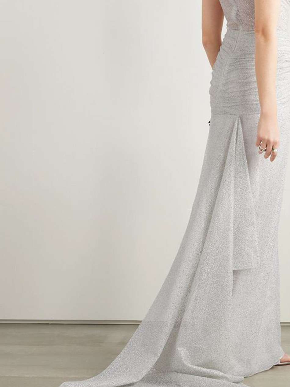 sunlight ruched glittered tulle gown