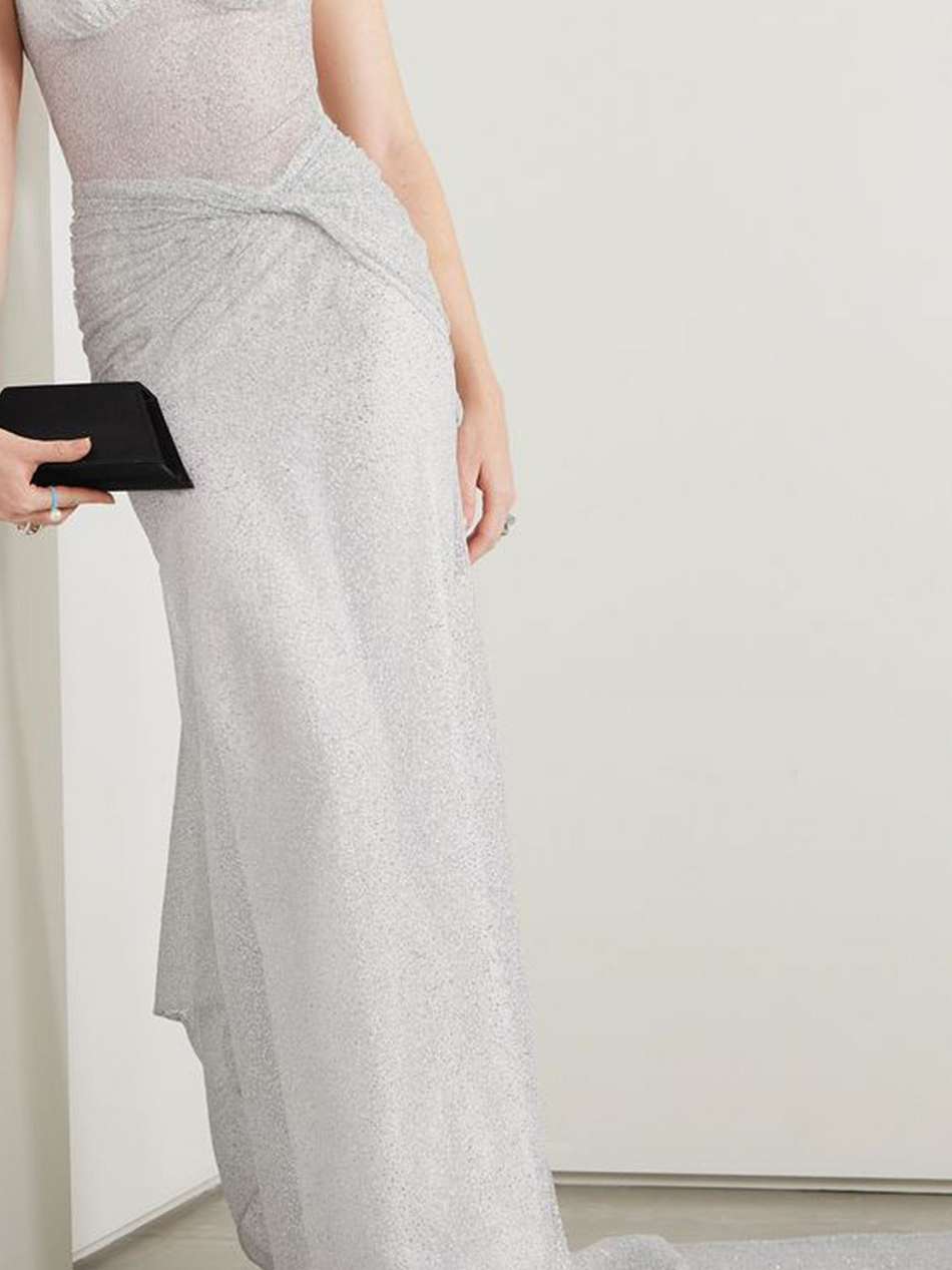 sunlight ruched glittered tulle gown