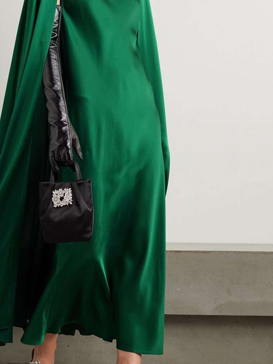 cape-effect appliquéd silk-charmeuse gown