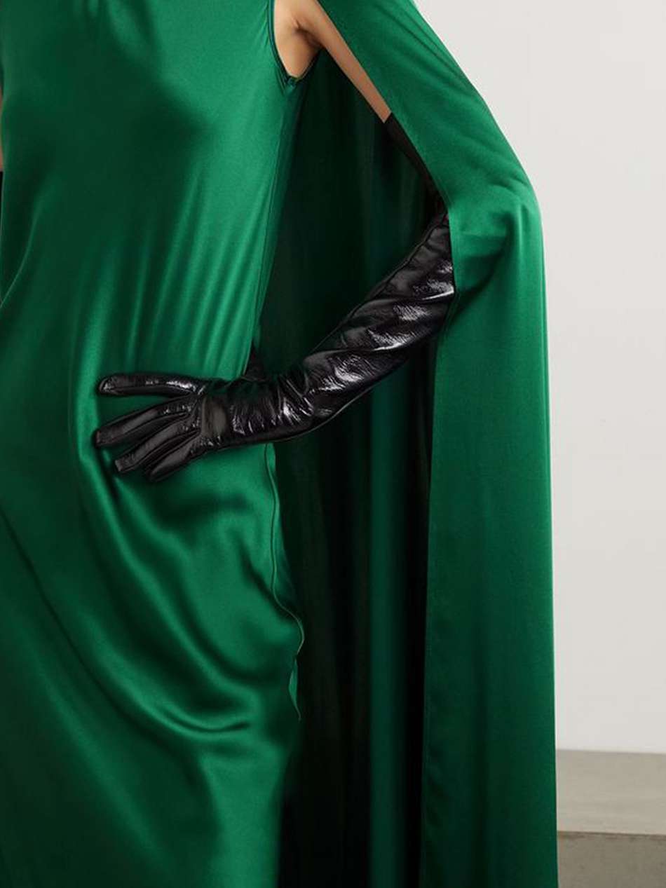 cape-effect appliquéd silk-charmeuse gown