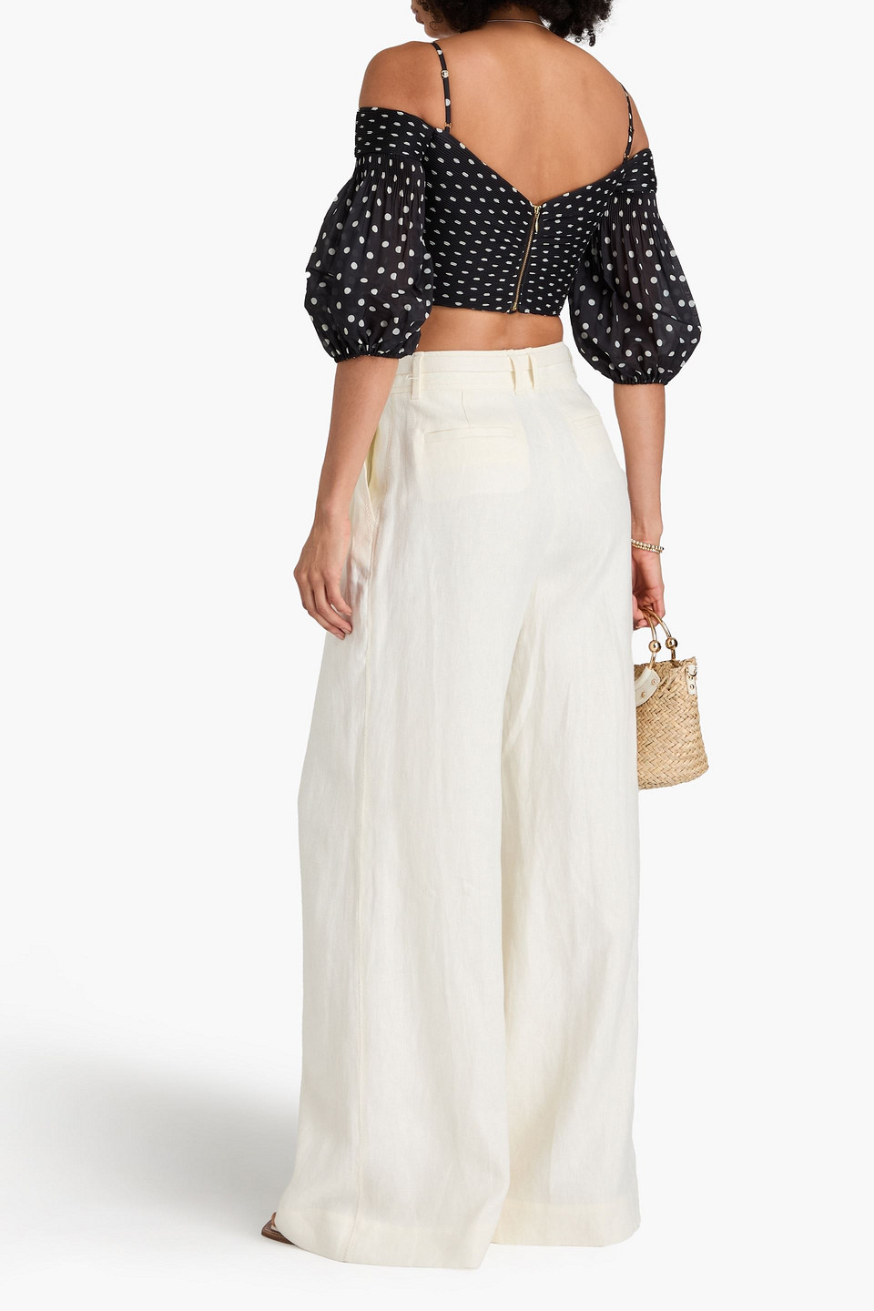 ZIMMERMANN CROPPED COLD-SHOULDER PLEATED POLKA-DOT ORGANZA TOP