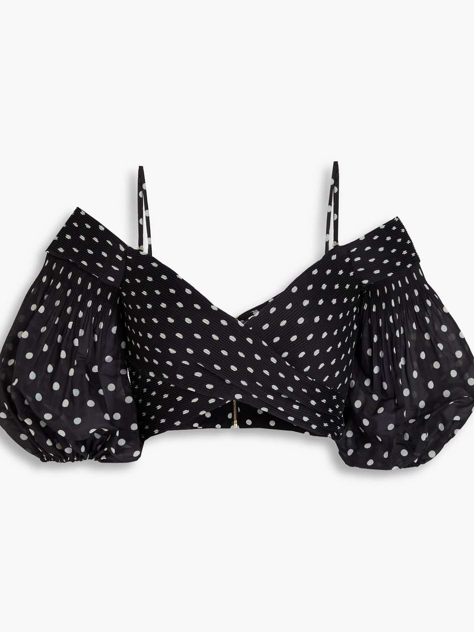 cropped cold-shoulder pleated polka-dot organza top