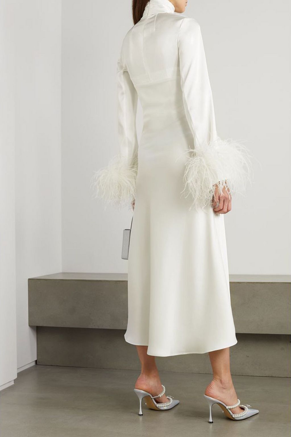 16ARLINGTON Odessa cutout feather-trimmed satin midi dress