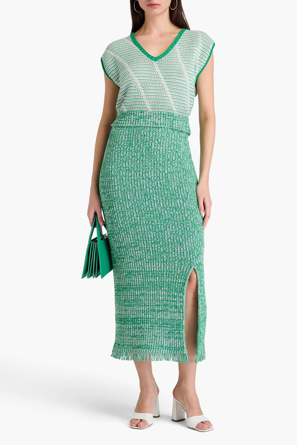 Shop Diane Von Furstenberg Emmie Ribbed Cotton Midi Skirt In Green