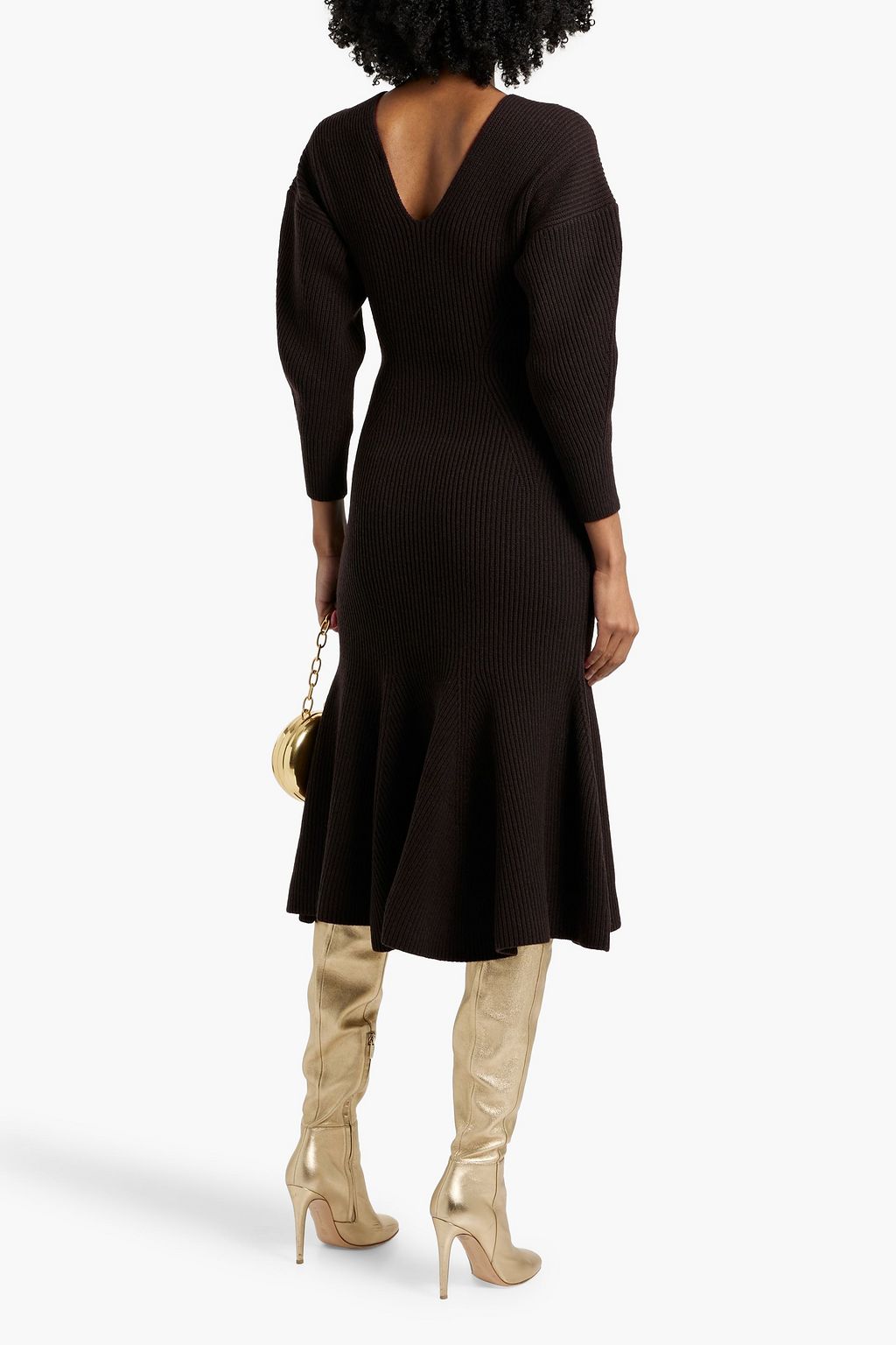 MCQUEEN Flared ribbed wool and cashmere-blend midi dress