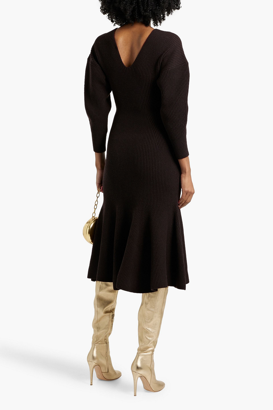 Alexander Mcqueen Flared Ribbed Wool And Cashmere-blend Midi Dress In Dark Brown