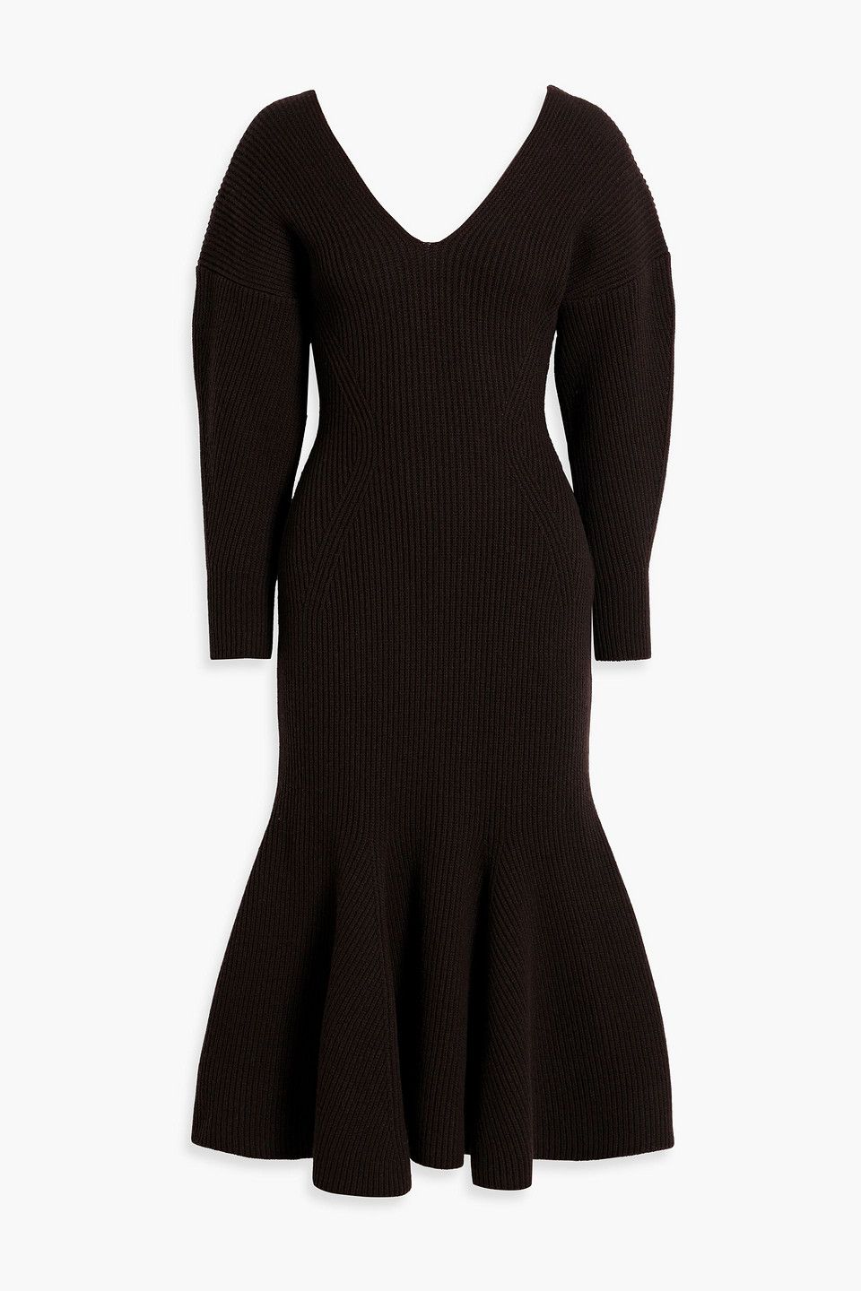 Alexander Mcqueen Flared Ribbed Wool And Cashmere-blend Midi Dress In Dark Brown