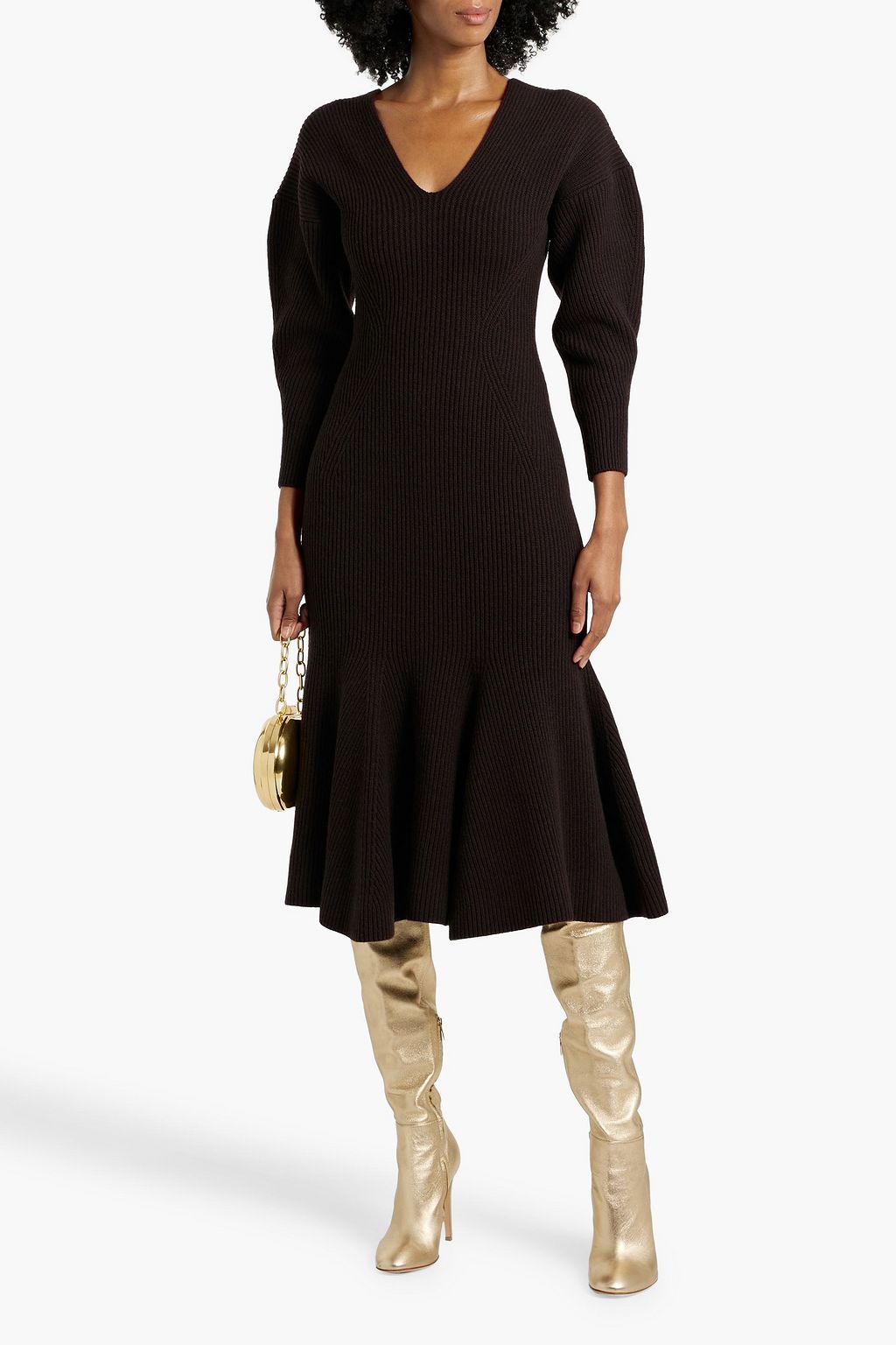 MCQUEEN Flared ribbed wool and cashmere-blend midi dress