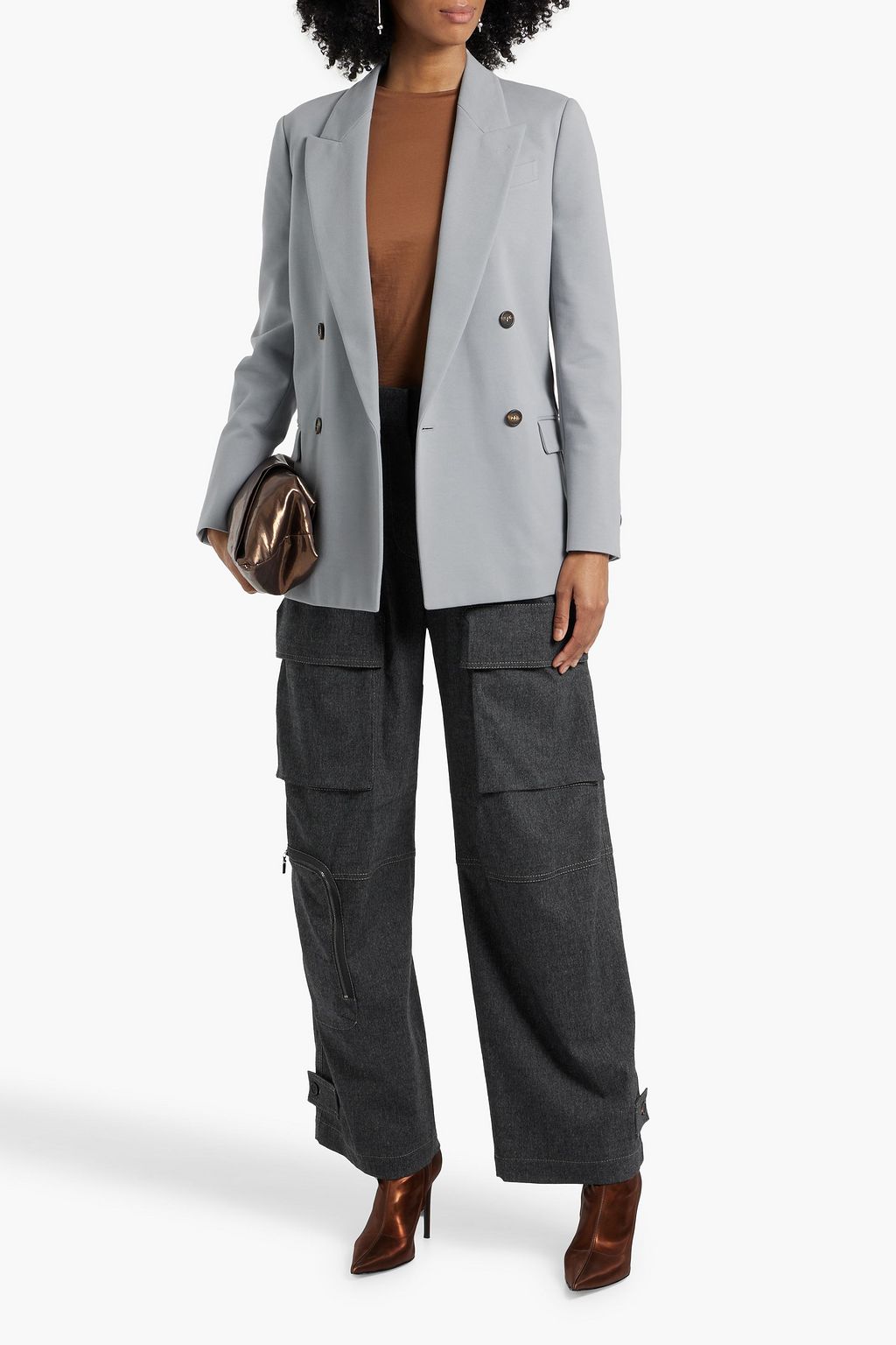 BRUNELLO CUCINELLI Double-breasted bead-embellished cotton-blend jersey blazer