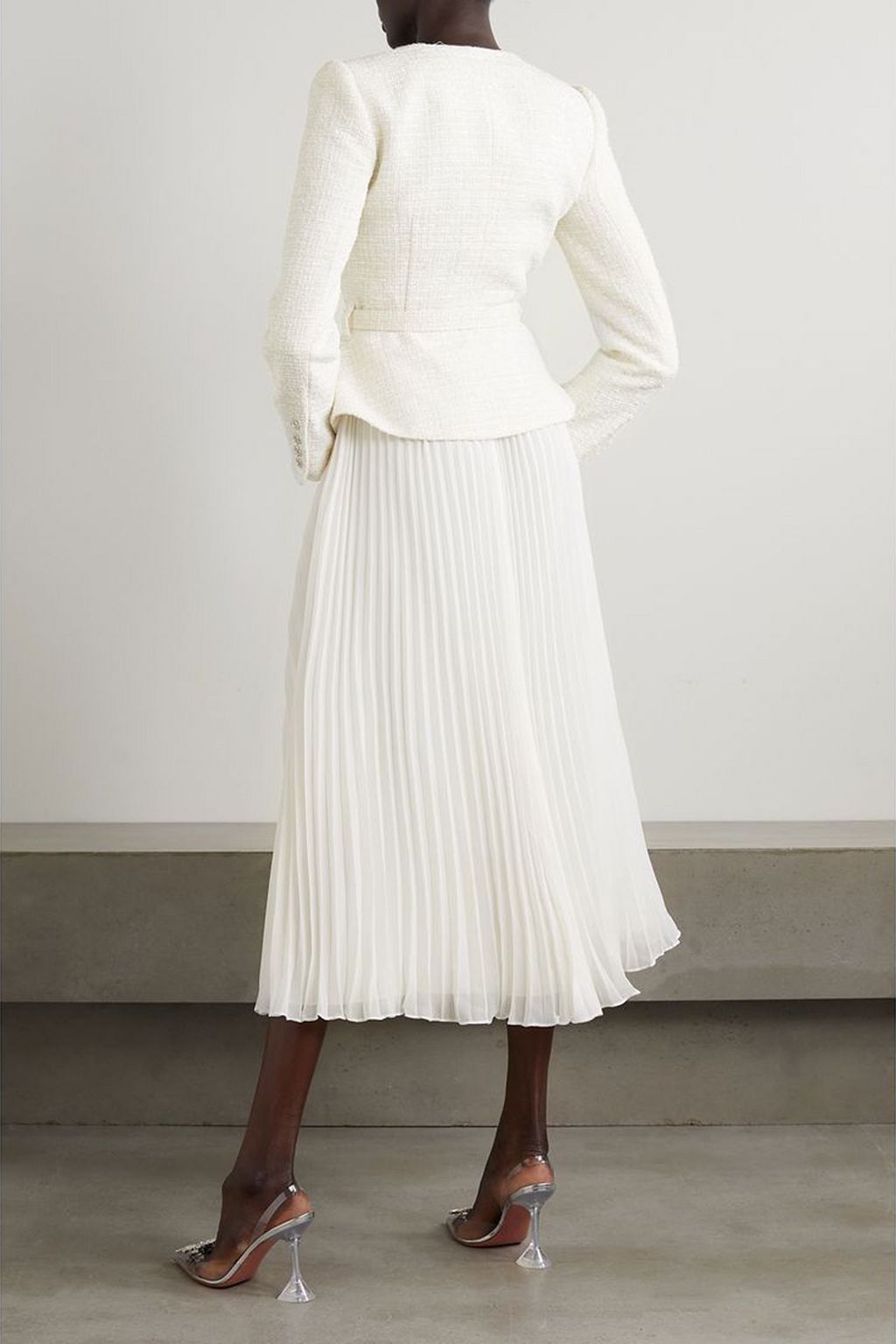 SELF-PORTRAIT Pleated georgette and sequin-embellished metallic bouclé midi dress