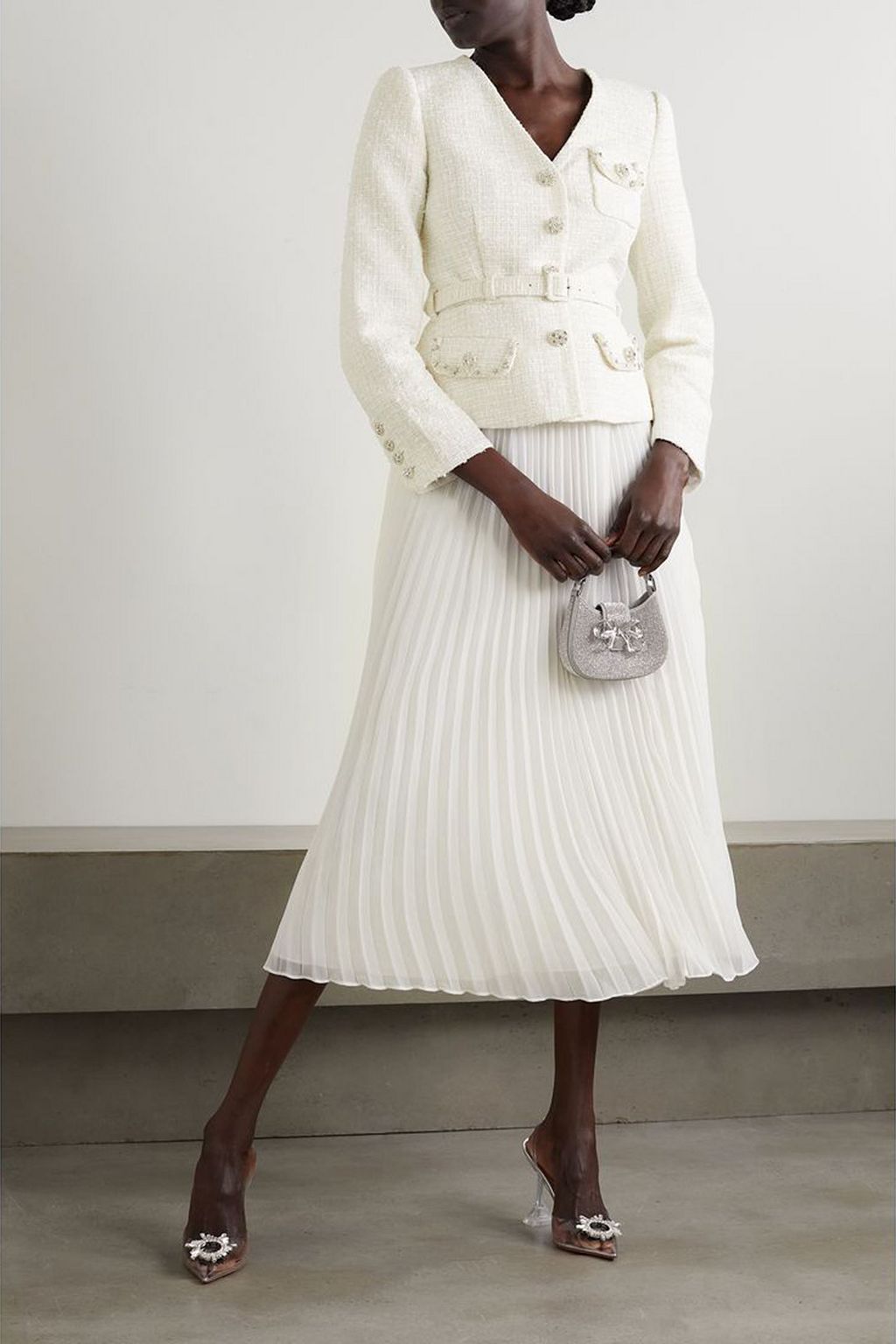 SELF-PORTRAIT Pleated georgette and sequin-embellished metallic bouclé midi dress