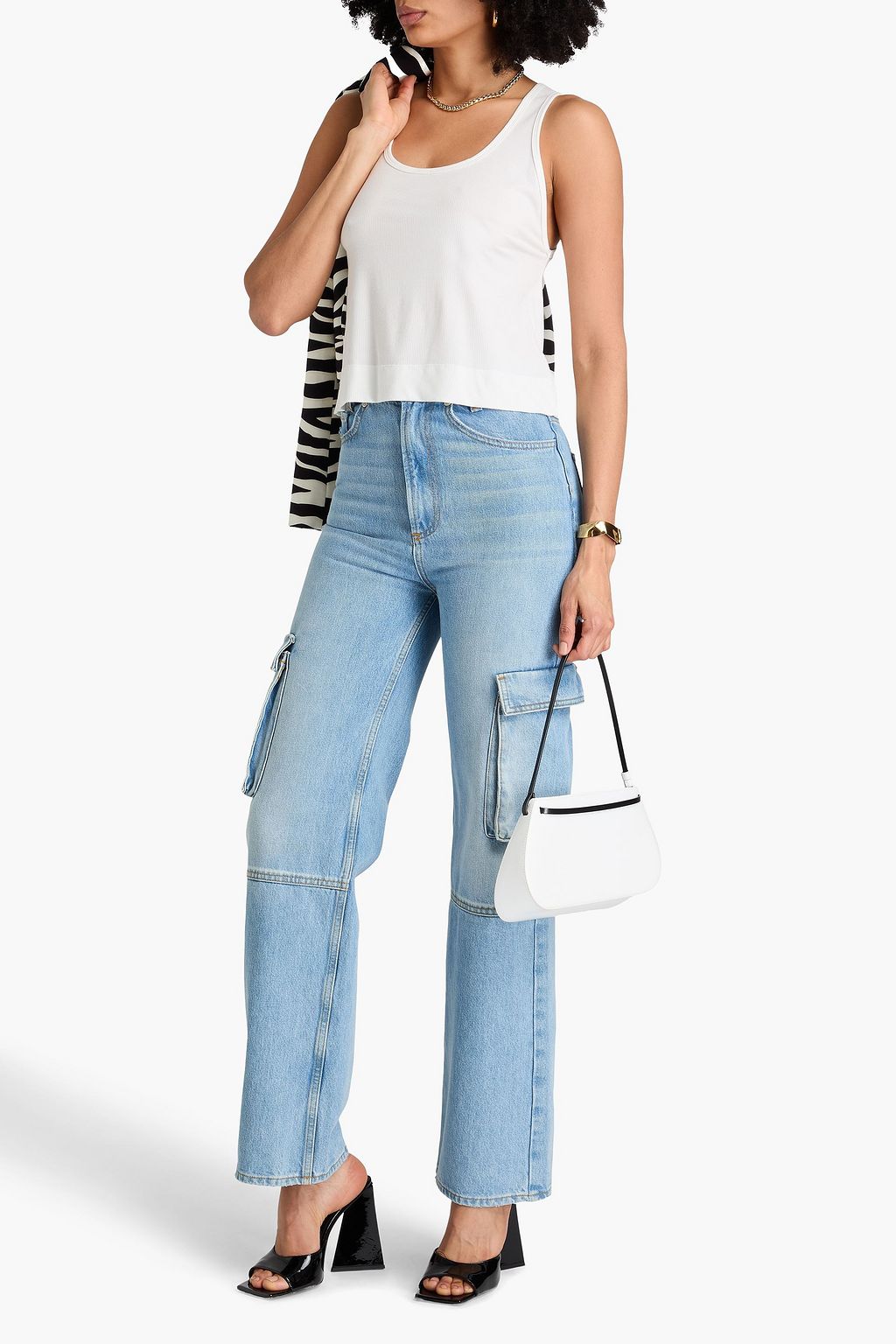 ALICE + OLIVIA تي شيرت بدون أكمام من الجيرسي ومزيج المودال المضلّع