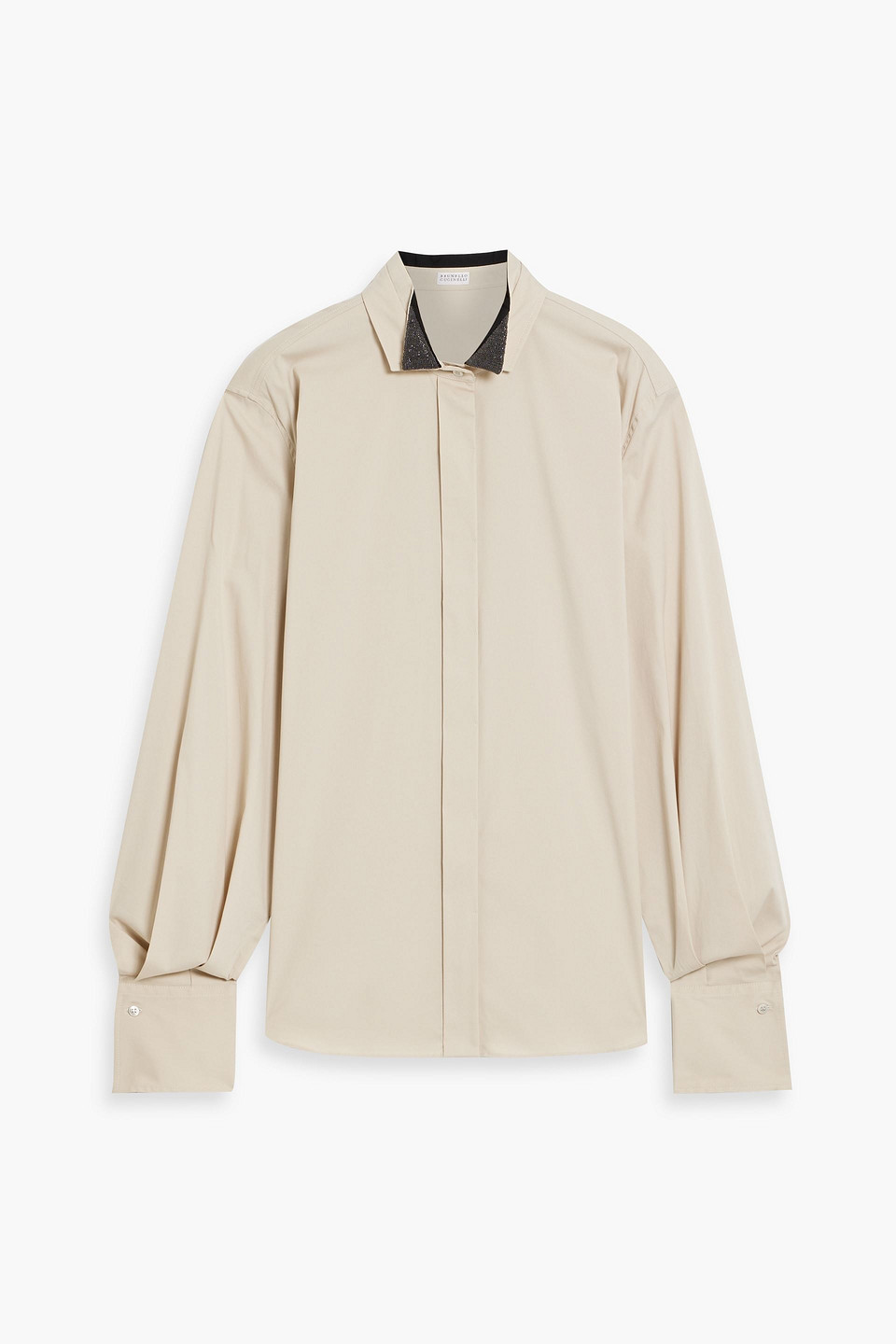 Brunello Cucinelli Bead-embellished Cotton-blend Poplin Shirt In Beige