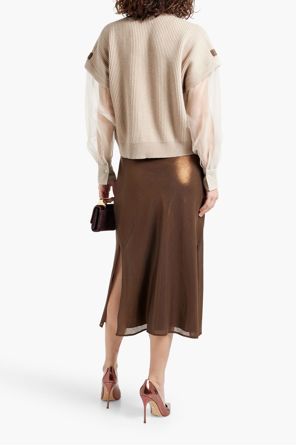 BRUNELLO CUCINELLI Bead-embellished organza-paneled ribbed cashmere sweater