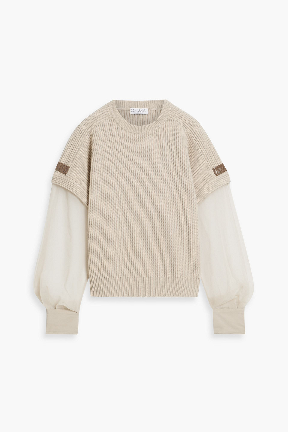 Brunello Cucinelli Embellished Chiffon And Ribbed Cashmere Sweater In Beige