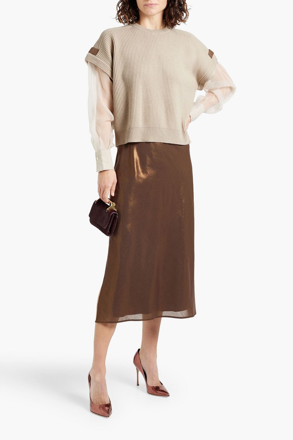 BRUNELLO CUCINELLI Bead-embellished organza-paneled ribbed cashmere sweater
