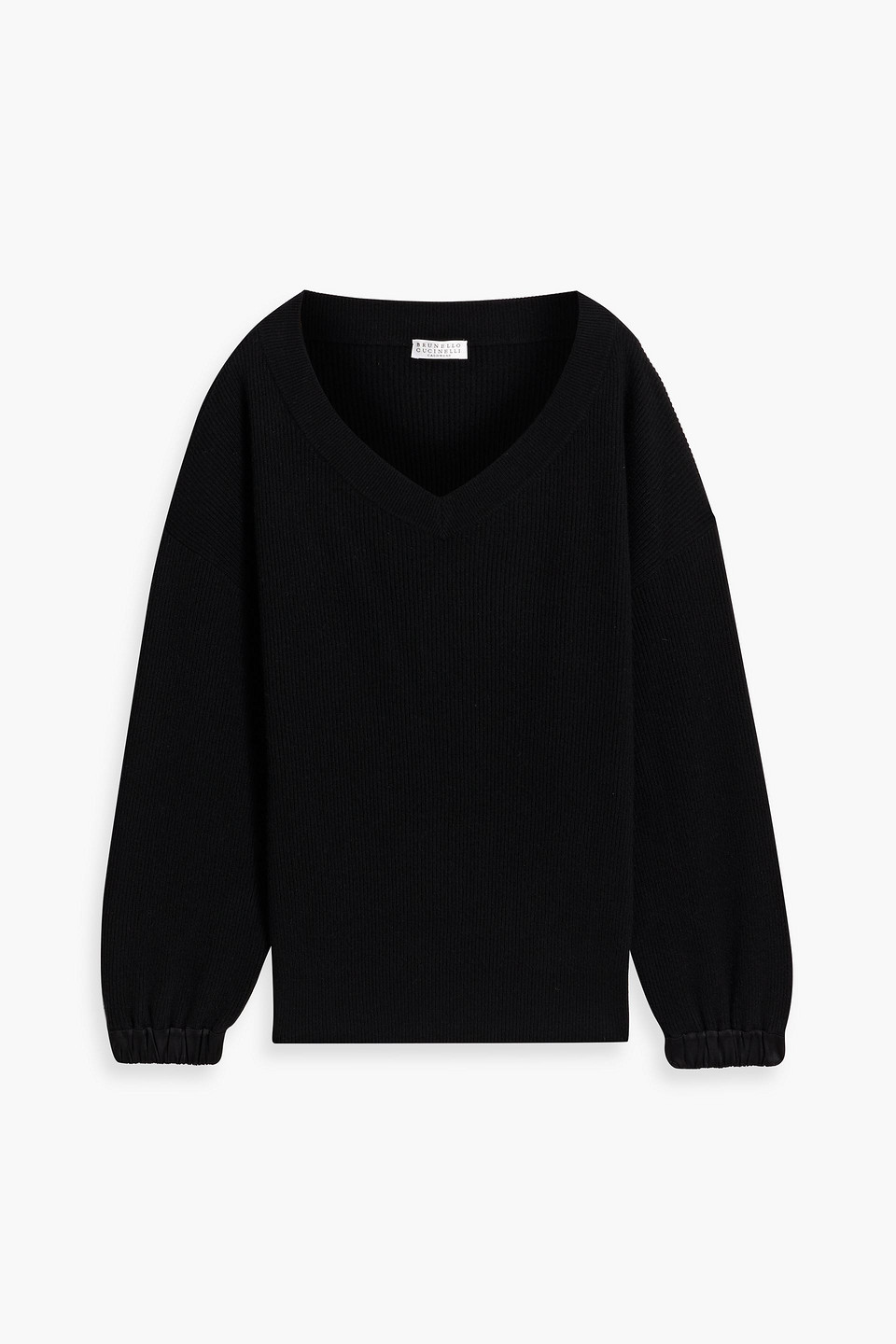 Brunello Cucinelli Satin-trimmed Ribbed Cashmere Sweater In Black