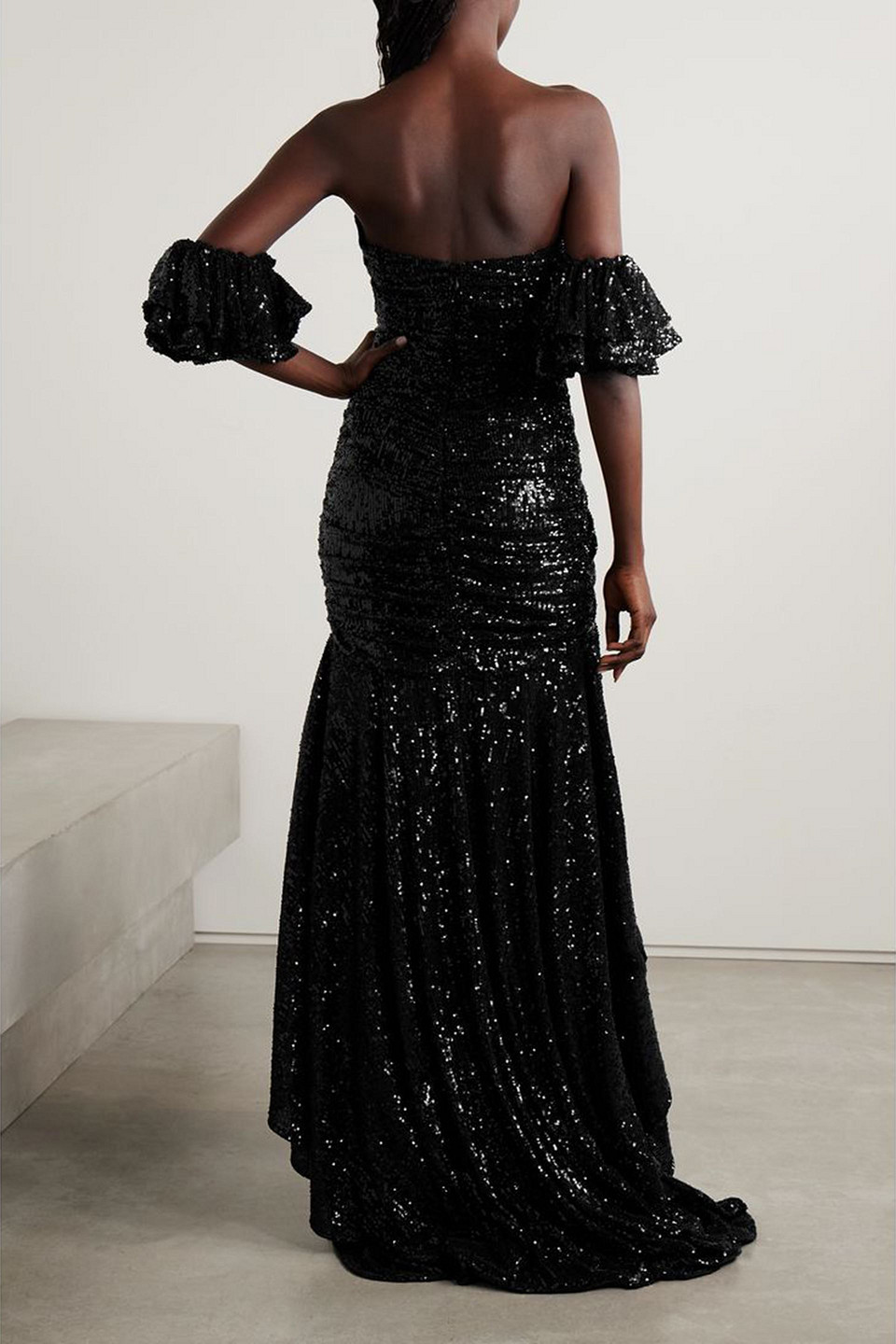 Nervi Crown Off-the-shoulder Asymmetric Ruched Sequined Tulle Gown In Black