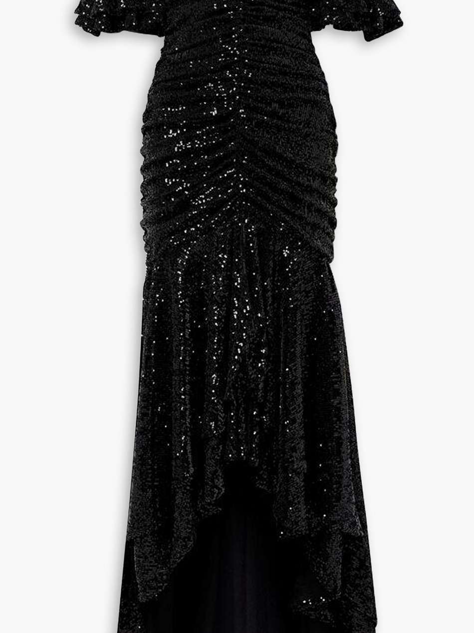 crown off-the-shoulder asymmetric ruched sequined tulle gown