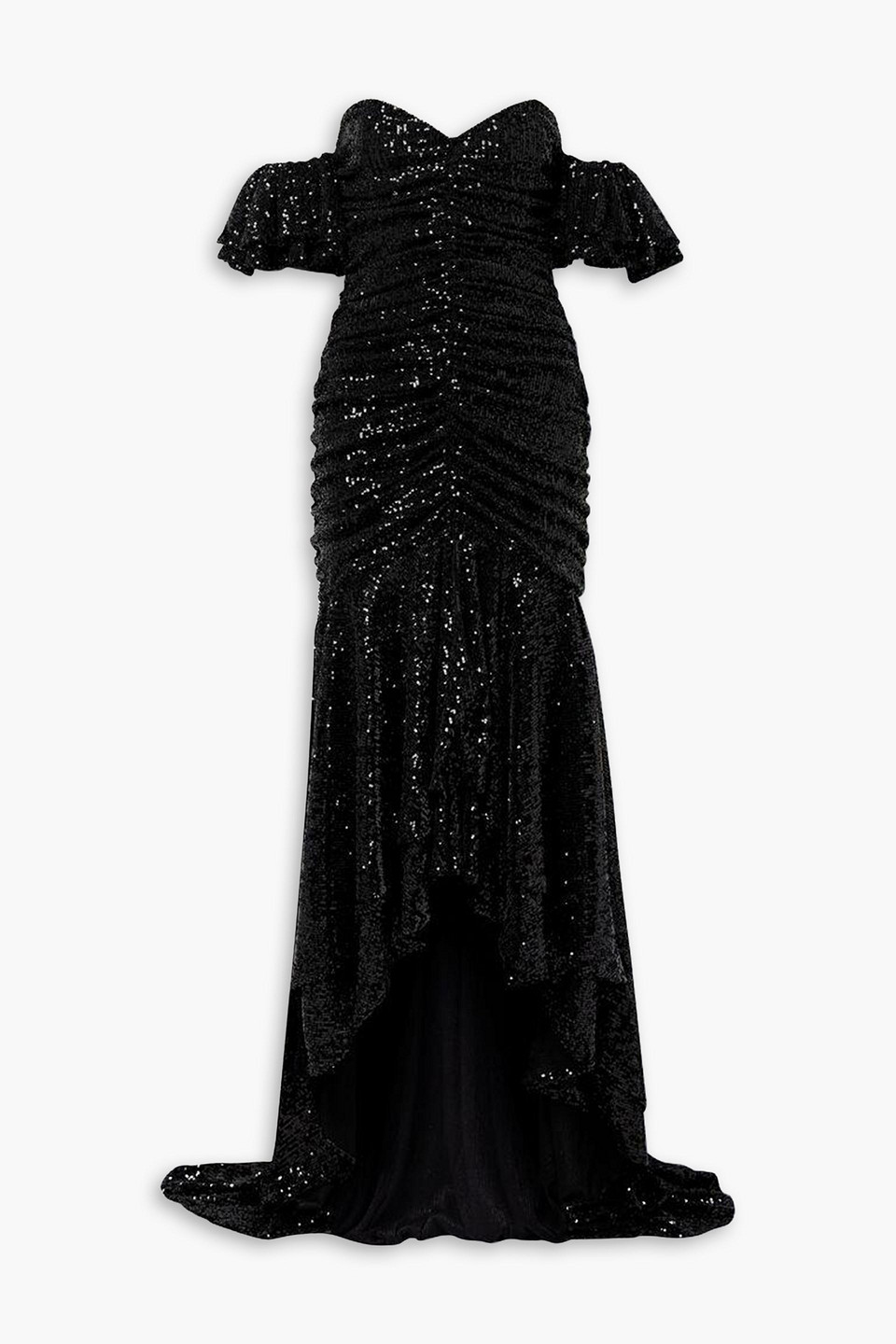 Nervi Crown Off-the-shoulder Asymmetric Ruched Sequined Tulle Gown In Black
