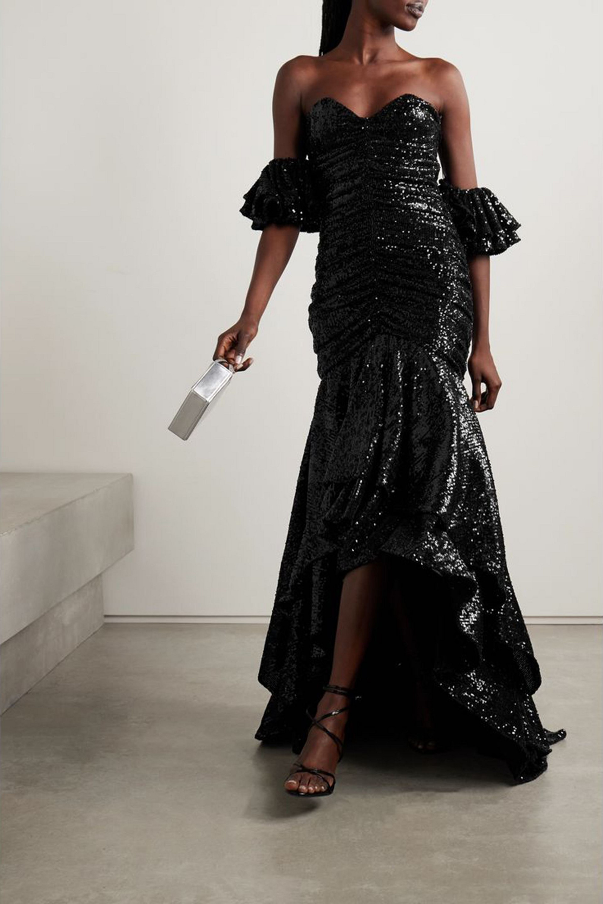 Nervi Crown off-the-shoulder asymmetric ruched sequined tulle gown