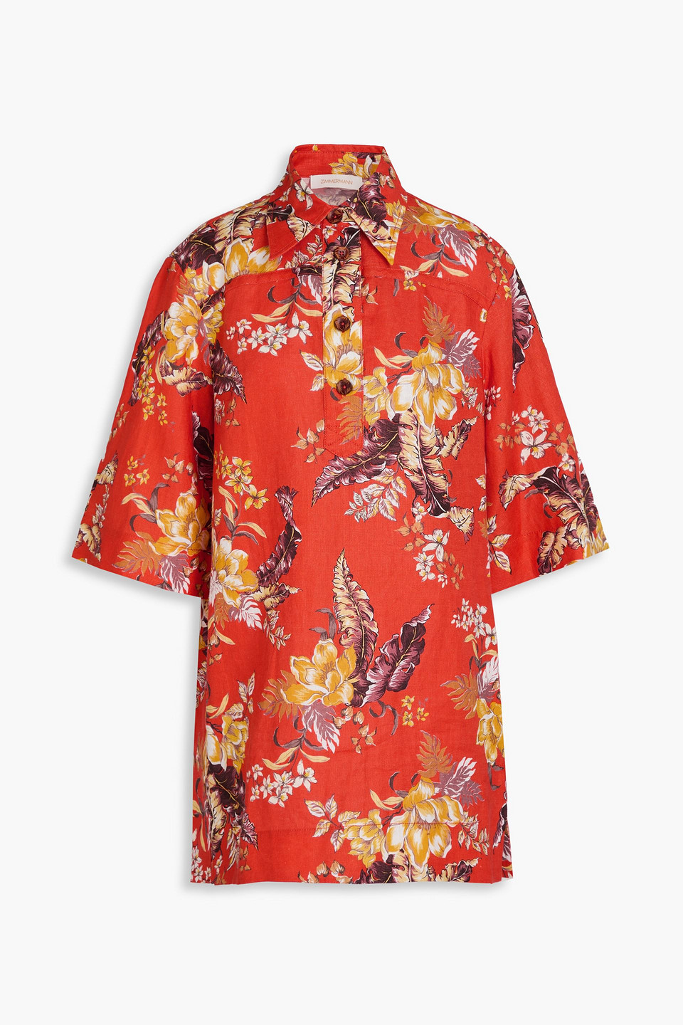 Zimmermann Floral-print Linen Mini Shirt Dress In Red