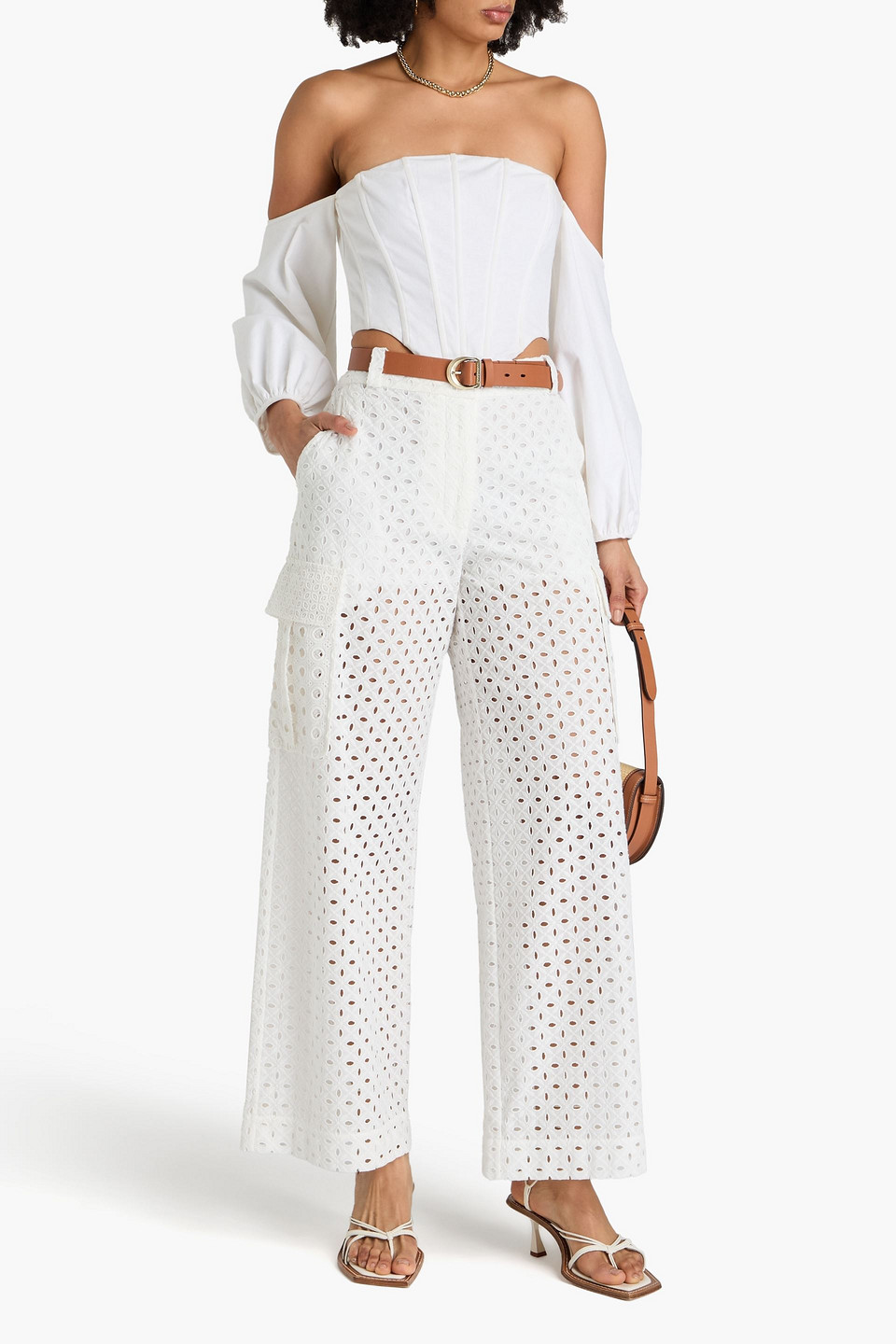 Zimmermann Hose Aus Baumwolle Mit Weitem Bein Und Lochstickerei In Elfenbein