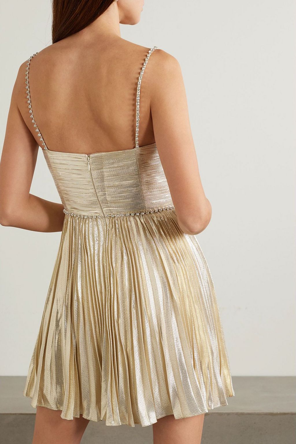 SELF PORTRAIT Crystal embellished plisse lame mini dress THE OUTNET