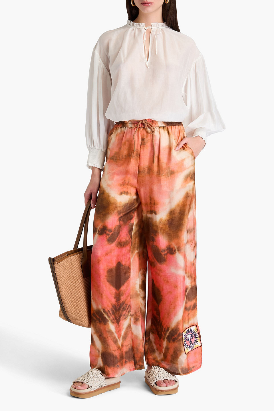 Zimmermann Hose Aus Seide Mit Weitem Bein Und Batikmuster In Pfirsichfarben