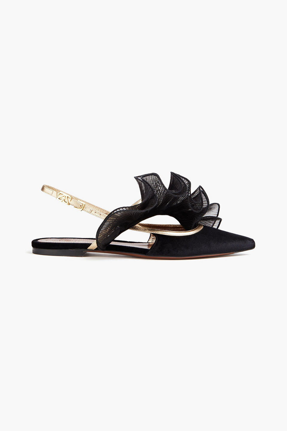 Zimmermann Ruffled Velvet And Organza Slingback Point-toe Flats In Black