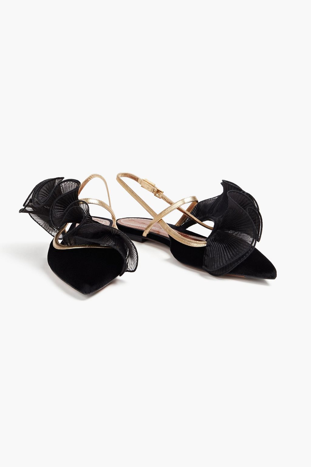 ZIMMERMANN Ruffled plissé-organza and velvet slingback point-toe flats
