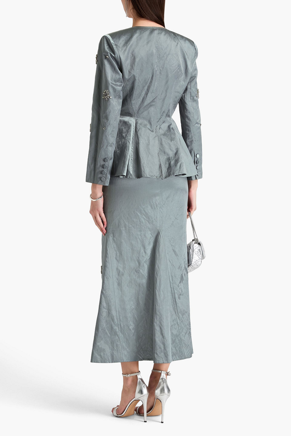 Huishan Zhang Embellished Crinkled-satin Peplum Jacket In Grau