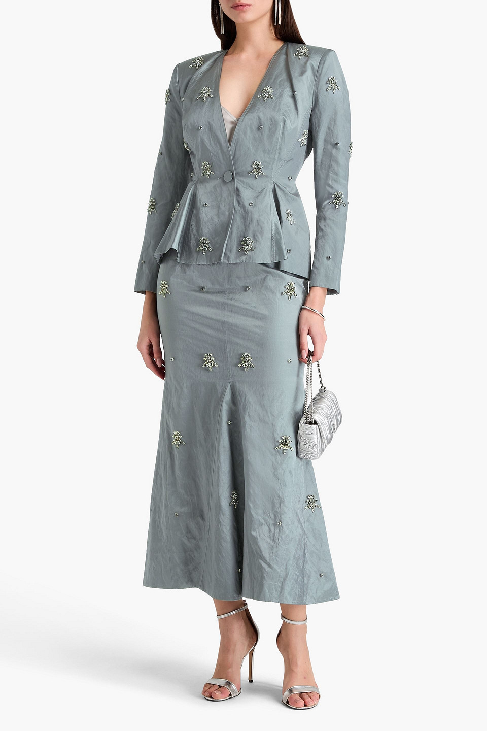 Huishan Zhang Embellished Crinkled-satin Peplum Jacket In Grau