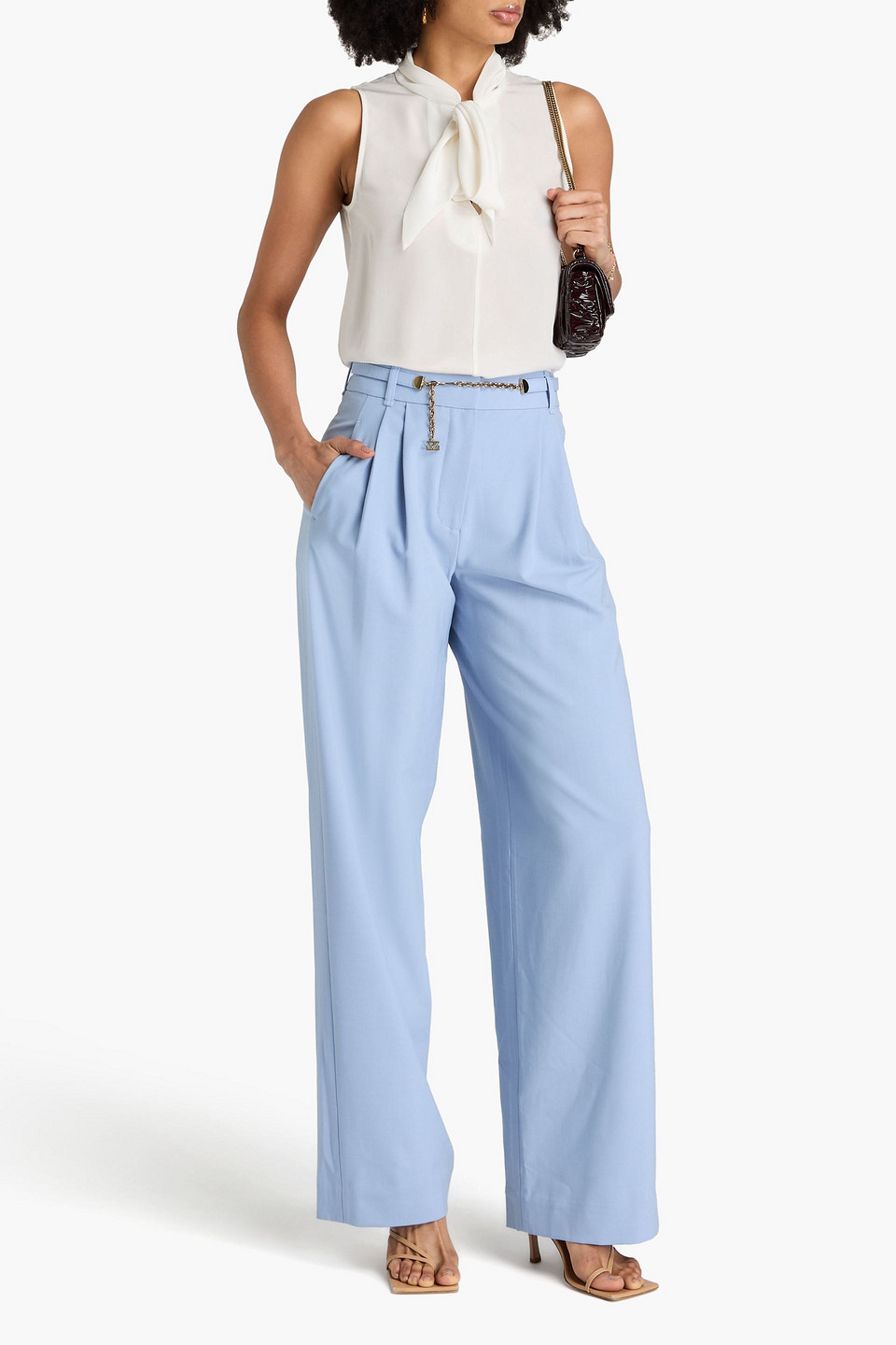 Zimmermann Belted Pleated Crepe Wide-leg Pants In Bleu