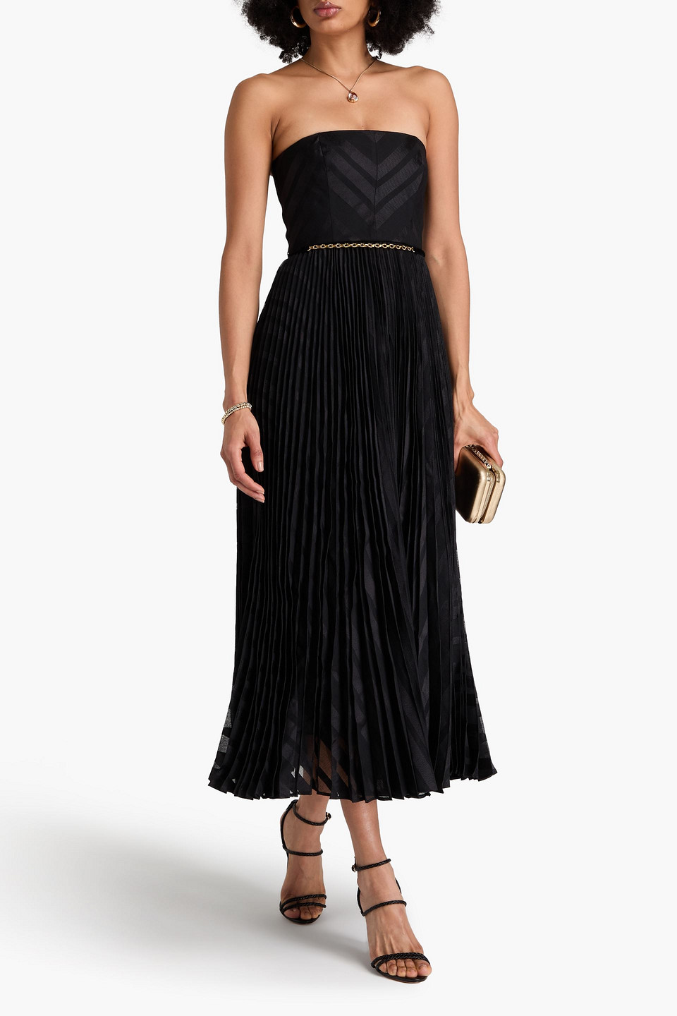 Zimmermann Strapless Pleated Devoré-paneled Twill Midi Dress In Schwarz