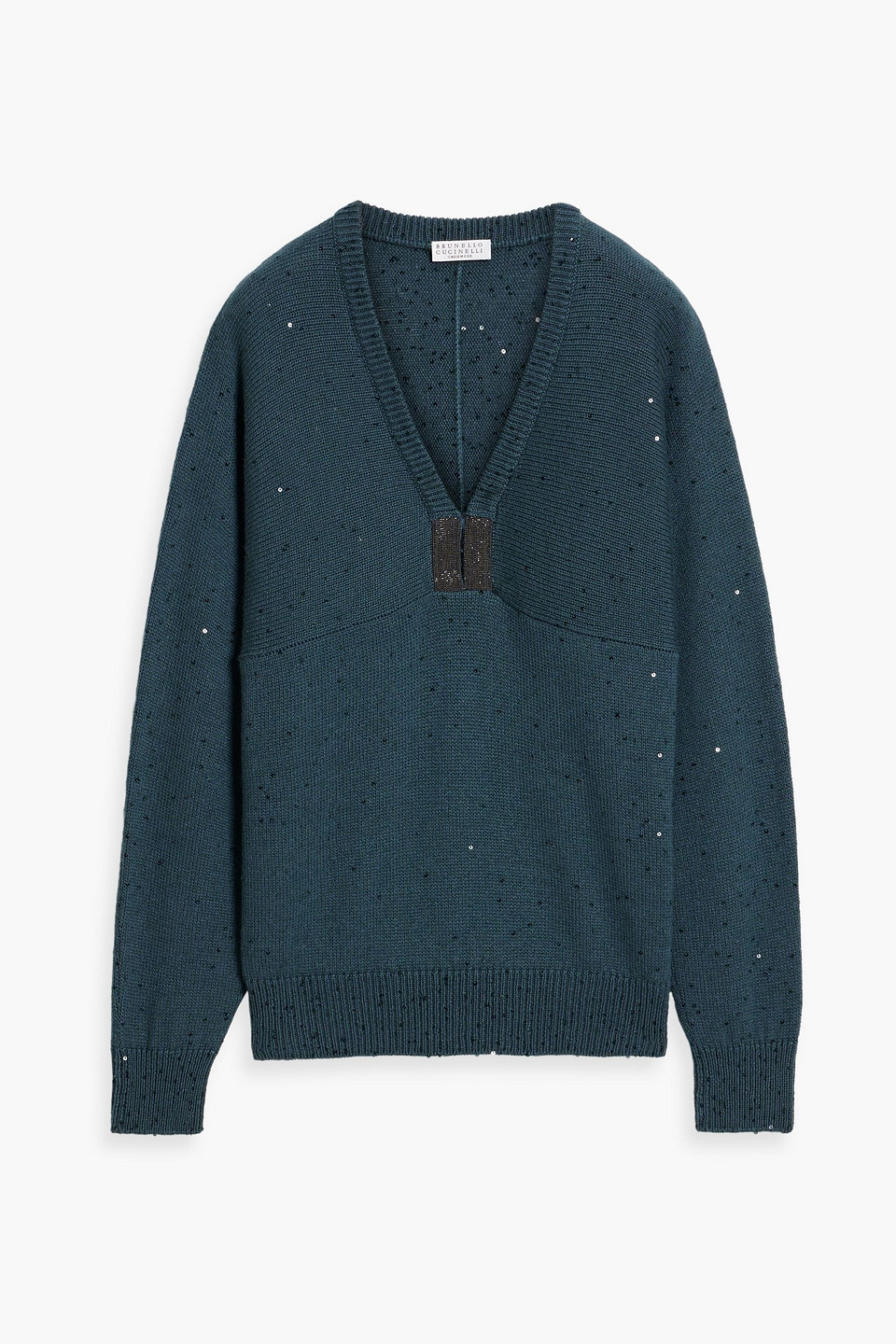 Brunello Cucinelli Embellished Cashmere And Silk-blend Sweater In Petrol