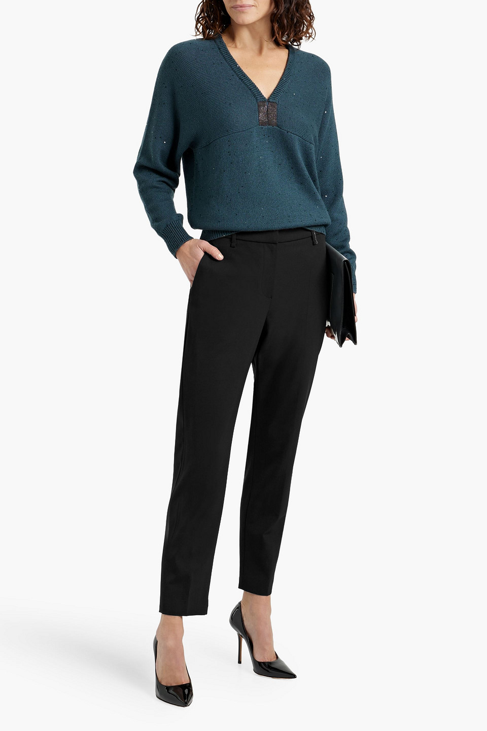 Brunello Cucinelli Embellished Cashmere And Silk-blend Sweater In Petrol