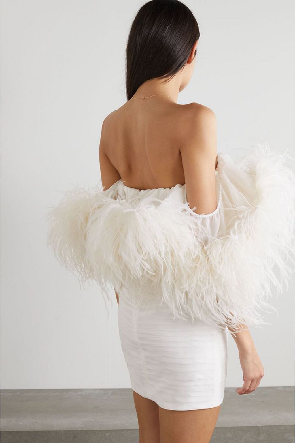 MAGDA BUTRYM Off-the-shoulder feather-trimmed silk-crepe mini dress