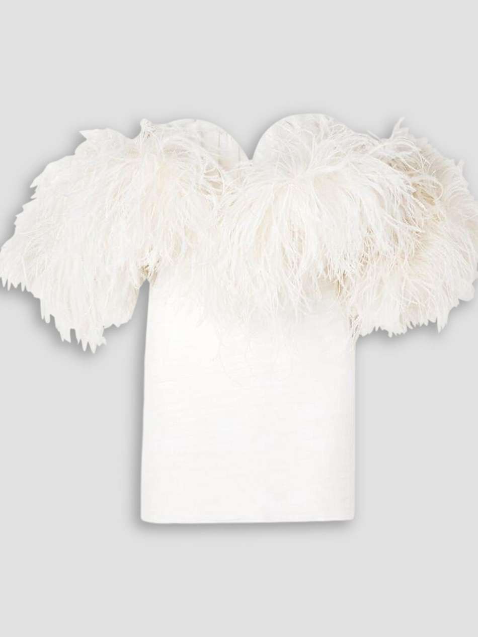 off-the-shoulder feather-trimmed silk-crepe mini dress