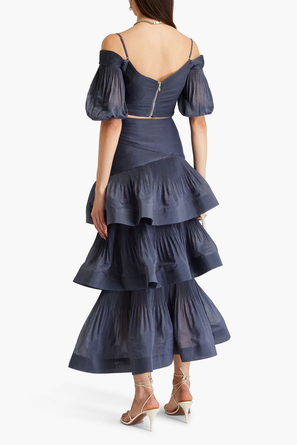 Zimmermann Cropped Cold-shoulder Pleated Voile Top In Marineblau