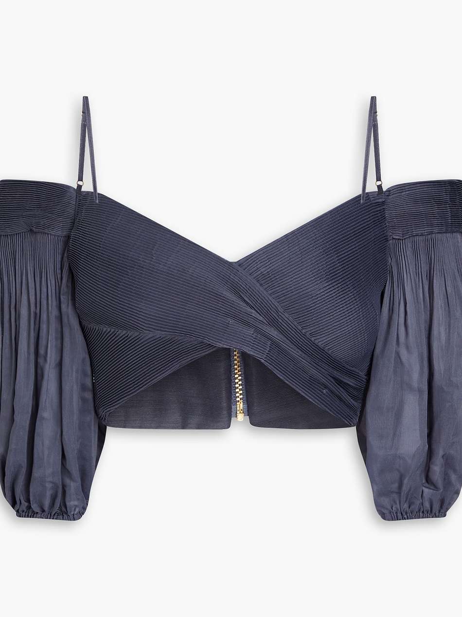 cropped cold-shoulder pleated organza top